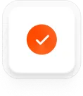 orange circular checkmark icon inside rounded white square with drop shadow